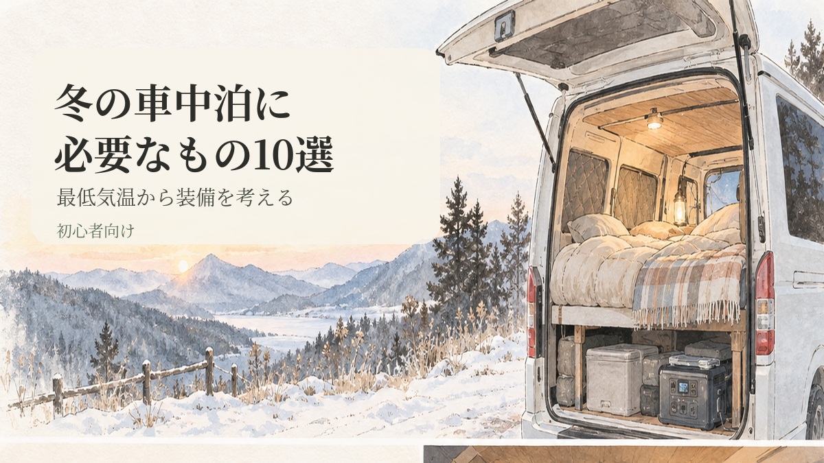 雪の山を背景にハイエースで冬の車中泊をするイメージと「冬の車中泊に必要なもの10選」のタイトル