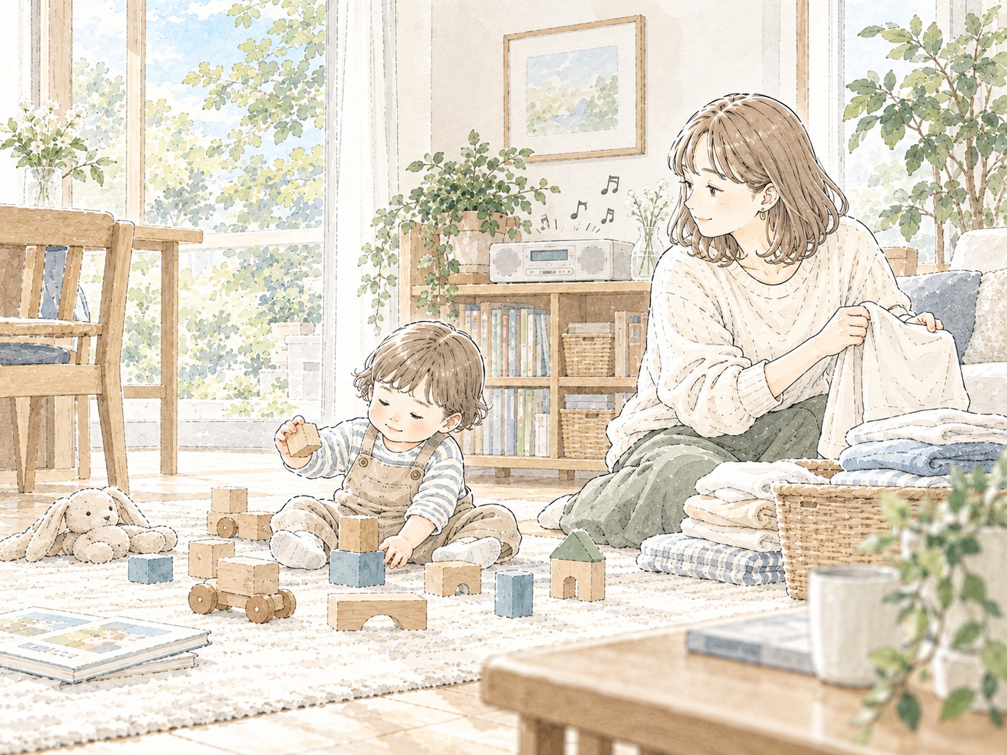 子どもが遊ぶ横でくもんのうた200を流している暮らしのイメージ
