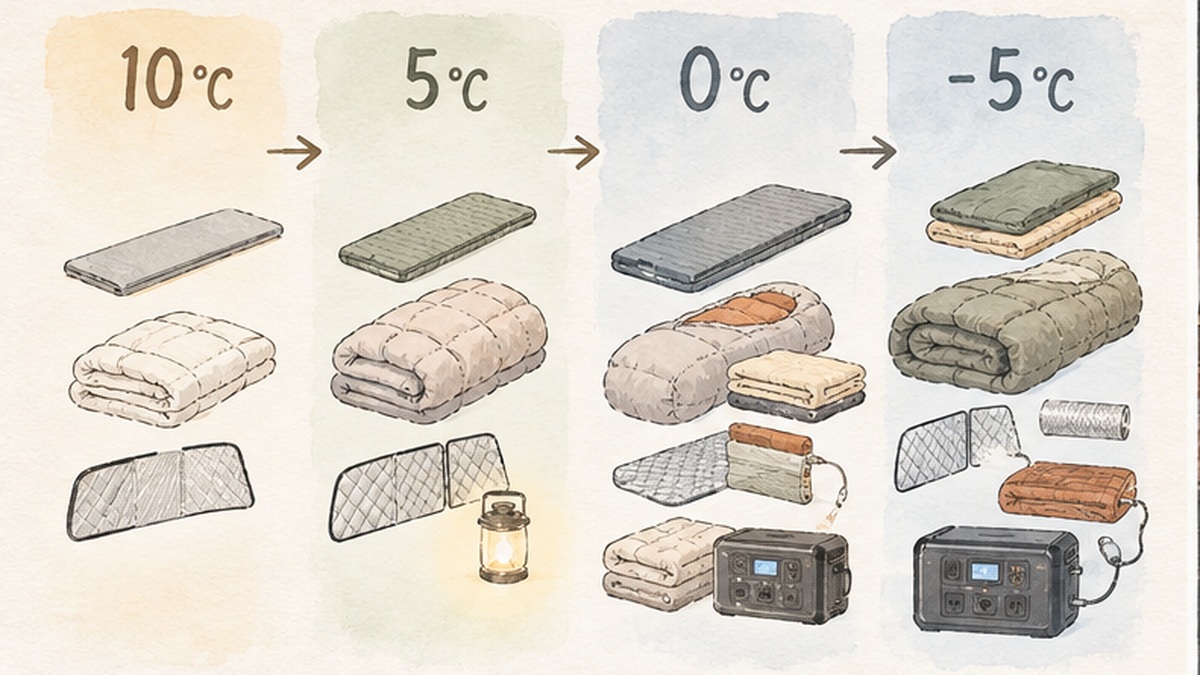 10℃、5℃、0℃、−5℃と最低気温が下がるにつれてマット、寝具、シェード、電気毛布、ポータブル電源を追加する水彩図解